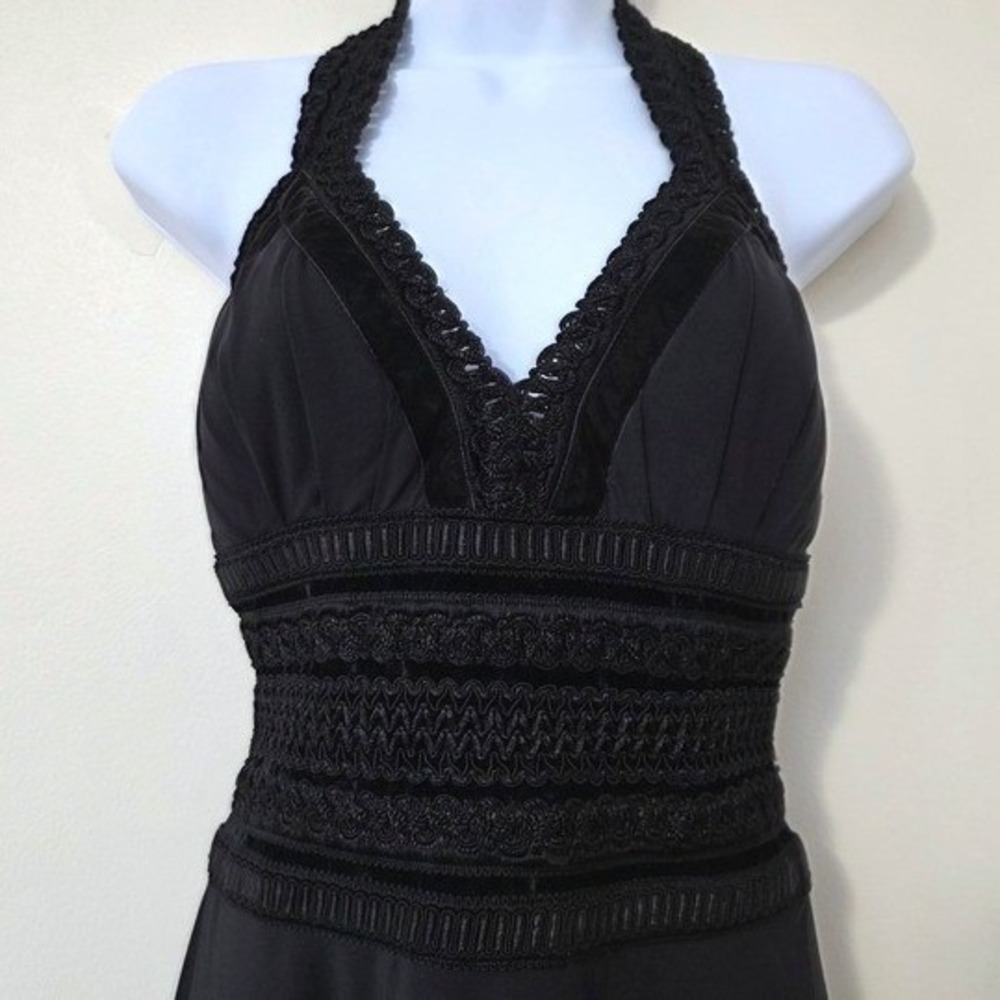 White House Black Market Halter Dress Sz 4 Black Velvet Trim Dark Romance Gothic